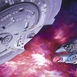 Officially licensed Star Trek art by Kavita Maharaj showing the USS Enterprise D in space during saucer separation.